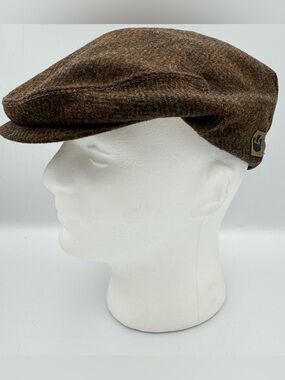 Goorin Bros Herringbone Tweed Brown Wool Ivy Newsboy Flat Cap Med Leather Strap